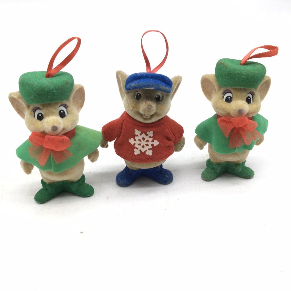 3 Disney Rescuers Christmas Ornaments Bianca Bernard Mouse Flocked Vintage 4in